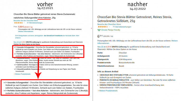 alt: ChocoSan® Bio Steviablätter, amazon.de, 14.07.2021; neu: 14.07.2022