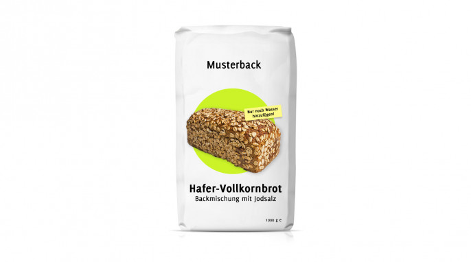 Backmischung Hafer-Vollkornbrot, anbieterneutral; Foto: Mehltüte © Ilya Zaytsev – fotolia.com, Hafervollkornbrot © rdnzl – fotolia.com