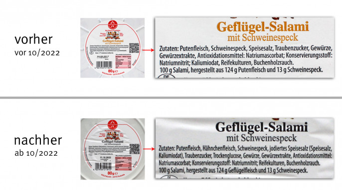 alt: Bezeichnung + Zutaten, Wiltmann Geflügel-Salami, vor 10/2022; neu: ab 10/2022