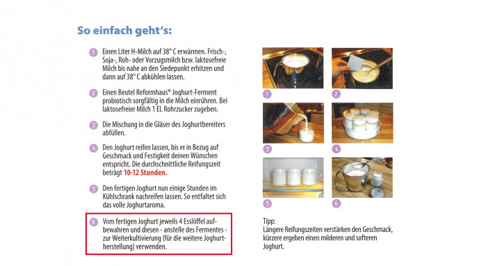 Anleitung in der Verpackung, Reformhaus Joghurt Ferment