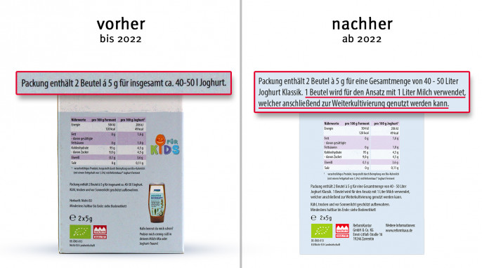 alt: Reformhaus Joghurt Ferment, vor 2022; neu: ab 2022, Herstellerfoto 