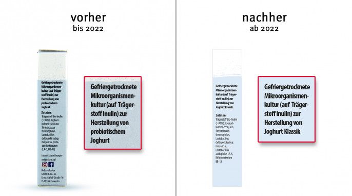 alt: Bezeichnung + Zutaten, Reformhaus Joghurt Ferment, vor 2022; neu: ab 2022, Herstellerfoto