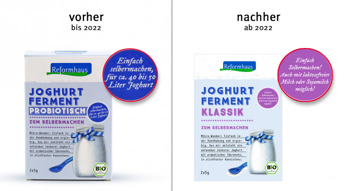 alt: Reformhaus Joghurt Ferment, vor 2022; neu: ab 2022, Herstellerfoto