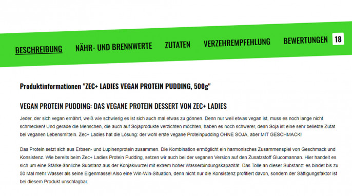 Beschreibung, Zec+ Ladies Vegan Protein Pudding, zecplus.de, 30.03.2022