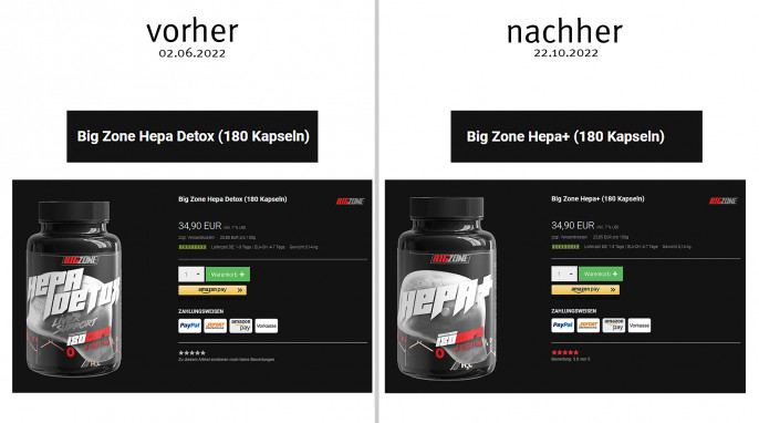 alt: Big Zone Hepa Detox, big-zone.de, 02.06.2022; neu: Big Zone Hepa +, big-zone.de, 18.10.2022