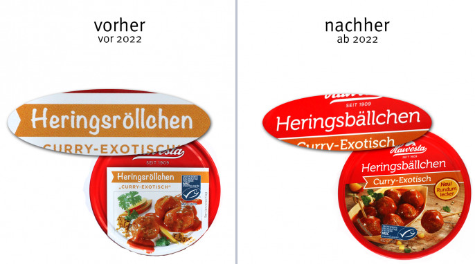 alt: Hawesta Heringsröllchen Curry exotisch, vor 2022; neu: Heringsbällchen, ab 2022