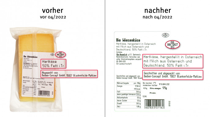 alt: Etikett, Bio-Wiesenkäse, vor April 2022, neu: Etikett, Bio-Wiesenkäse, nach April 2022, Herstellerfoto 