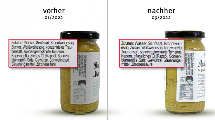 alt: Zutaten, Kornmayers Bad Vilbeler Marktsenf, alt: 01/2022; neu: 09/2022