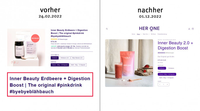 alt: Her1 Inner Beauty + Digestion Boost, her.one/collections, 24.02.2022; neu: her.one/products, 1.12.2022