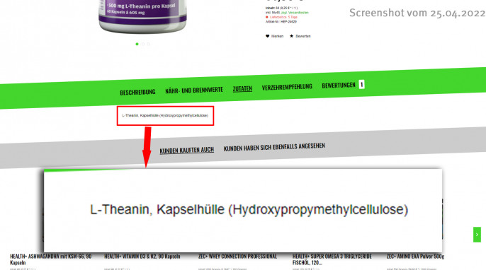 Zutaten, Health+ L-Theanin, zecplus.de, 25.04.2022 