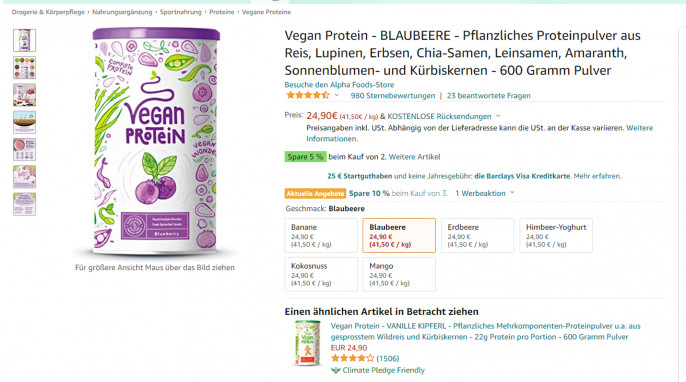 Angebot Alpha Foods Vegan Protein Blaubeere, amazon.de, 03.05.2022