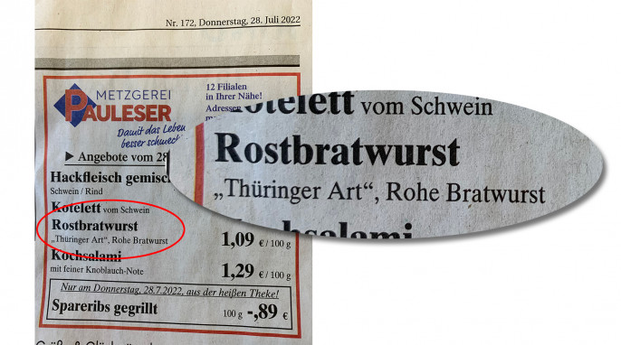 Angebot Rostbratwurst „Thüringer Art“, Donau Kurier Nr. 172, 28.07.2022 