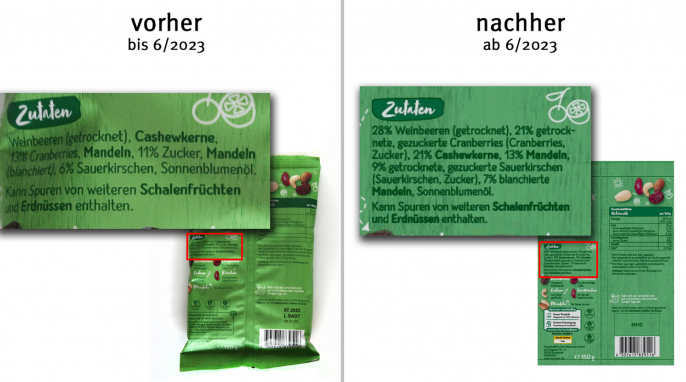 alt: Rückseite, Genuss Plus Nüsse & Früchte mit Cranberries & Kirschen, bis 06/2023; neu: ab 06/2023
