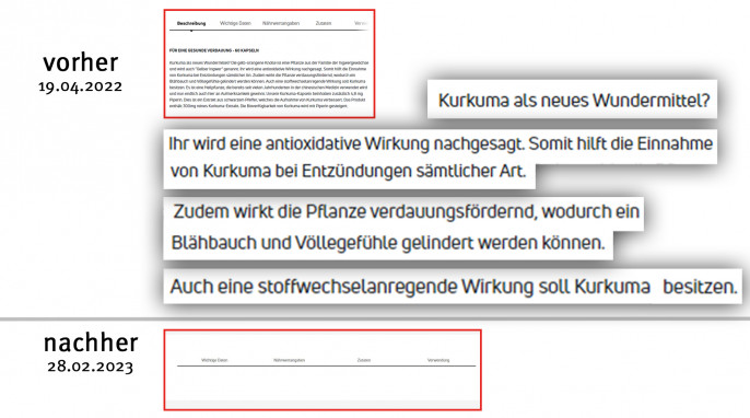 alt: Werbung, Neosupps Kurkuma mit Piperin, neosupps.com, 19.04.2022; neu: 27.02.2023