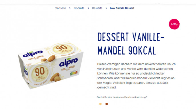 Alpro Dessert Vanille Mandel, alpro.com/de/produkte/desserts/low-calorie-dessert, 08.07.2022