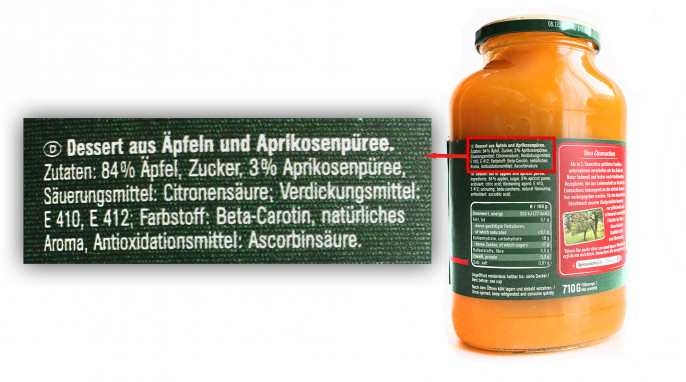 Bezeichnung + Zutaten, Spreewaldhof Apfel-Mix-Dessert, Beispiel Sorte Aprikose