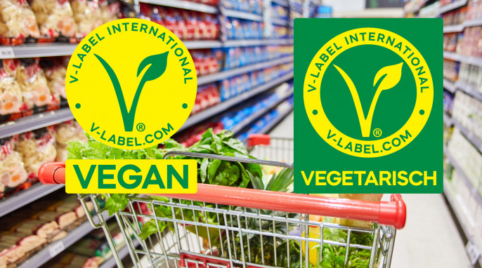Einkaufswagen und vegetarisch und vegan Label