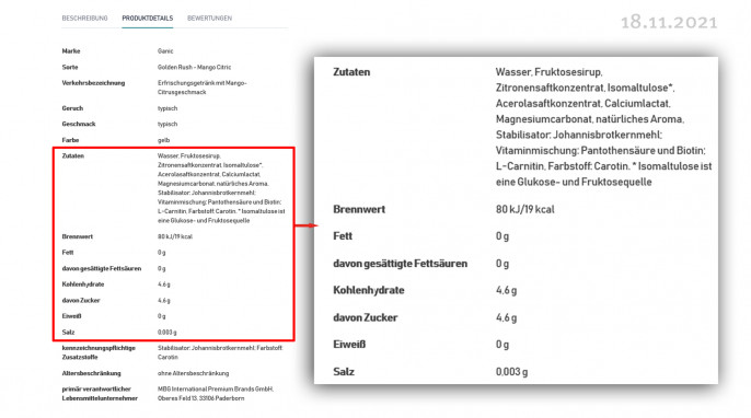 Zutaten + Nährwerte , ganic® Vitamin-Booster Mango Citrus, novado.de, 18.11.2021