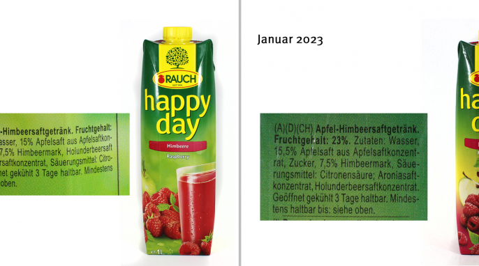 Rauch Happy Day Himbeere, April 2022 und Januar 2023