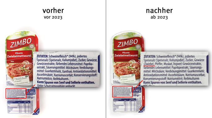 alt: Zutaten, Zimbo Pikante Zwiebelmettwurst fein, vor 2023; neu: ab 2023