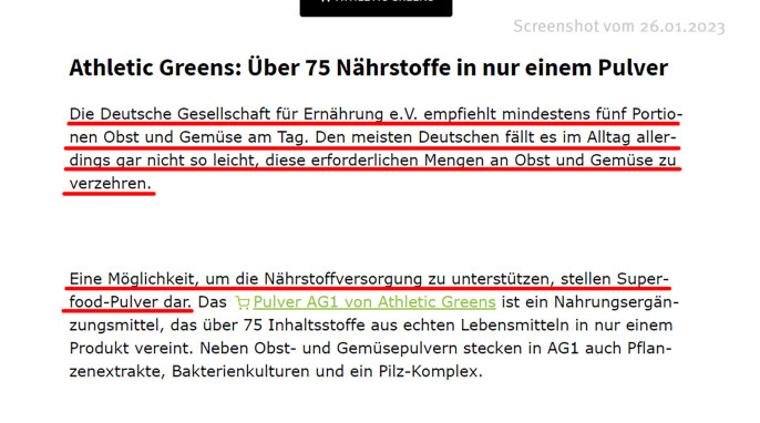 Werbung für Athletic Green, bunte.de, 28.12.2022 