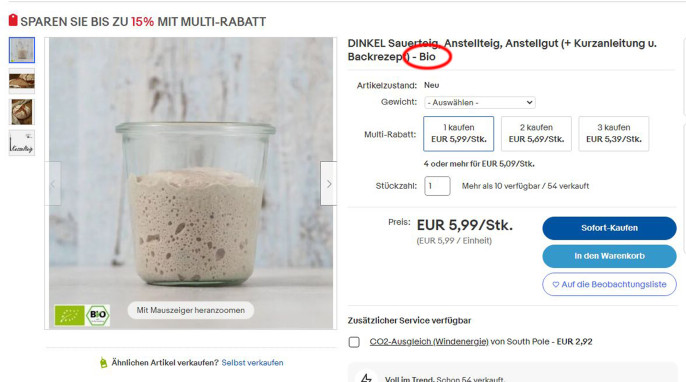 Dinkel Sauerteig, Anstellteig, Anstellgut, ebay.de, 23.02.2023 