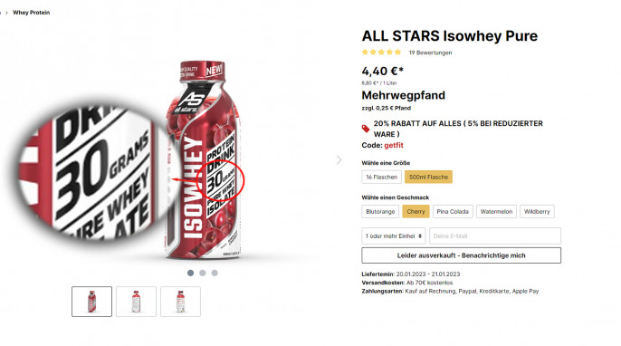 All Stars Isowhey Pure Protein Drink, Beispielsorte Kirsche