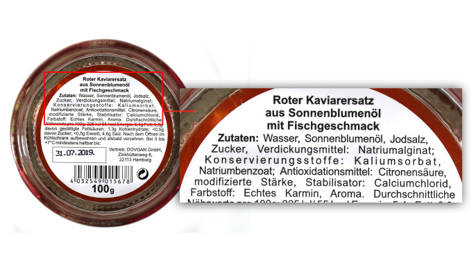 Bezeichnung + Zutaten, Dovgan Premium Red Zarskaya – Kaviarersatz