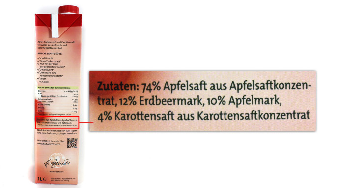 Zutaten, Amecke Sanfte Säfte, Beispiel Sorte Erdbeere-Apfel, 2020