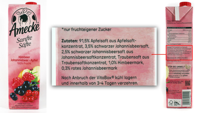 Zutaten, Amecke Sanfte Säfte, Beispiel Sorte Himbeer-Johannisbeer-Apfel, 2023  