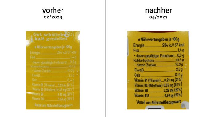 alt: Nährwerte, Müllermilch Bananengeschmack, 02/2023; neu: 04/2023