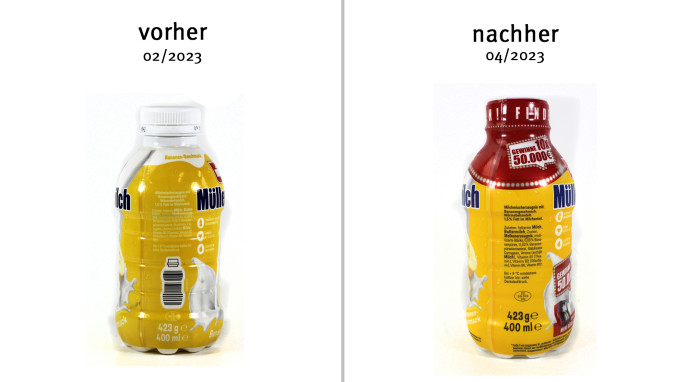 alt: Bezeichnung + Zutaten, Müllermilch Bananengeschmack, 02/2023; neu: 04/2023