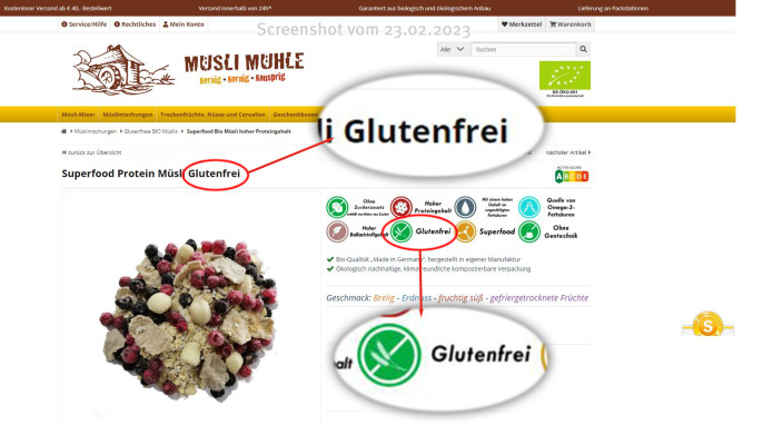 Angebot Glutenfreie Bio-Müslis, Beispiel Superfood Protein Müsli Glutenfrei, muesli-muehle.de, 23.02.2023