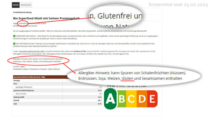 Produktbeschreibung, Angebot Glutenfreie Bio-Müslis, Beispiel Superfood Protein Müsli Glutenfrei, muesli-muehle.de, 23.02.2023