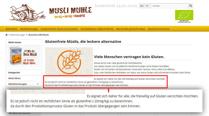 Information Glutenfreie Bio-Müslis, muesli-muehle.de, 23.02.2023 