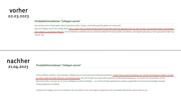 alt: Produktinformation, Cellagon aurum, endkunde.cellagon-shop.de, 02.03.2023; neu: 21.04.2023