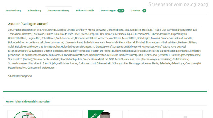 Zutaten, Cellagon aurum, endkunde.cellagon-shop.de, 02.03.2023 