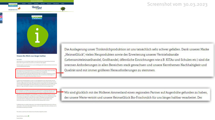 „Unsere Bio Milch nun länger haltbar“, hofmolkerei-dehlwes.de, 30.03.2023