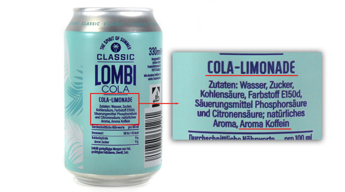 Bezeichnung und Zutaten, Lombi Cola Beispiel Sorte Classic