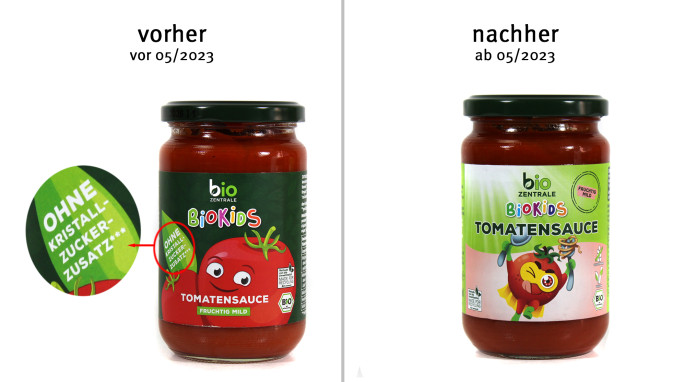 alt: Bio-Zentrale BioKids Tomatensauce, bis 05/2023; neu: ab 05/2023