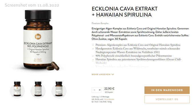 Ecklonia Cava Extrakt + Hawaiian Spirulina. sunday.de 25.10.2022 