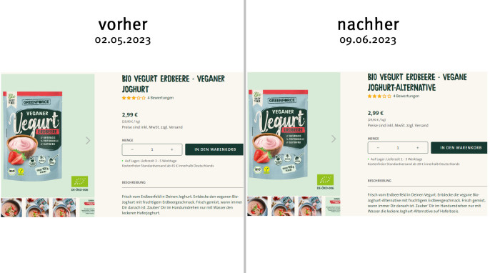 alt: Angebot Bio Vegurt Erdbeere, greenforce.com, 02.05.2023; neu: 09.06.2023 