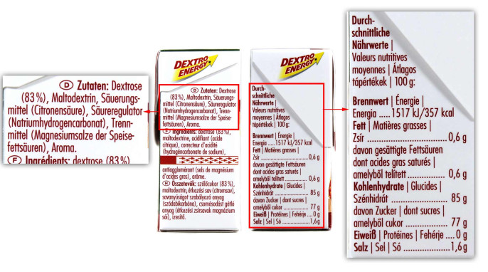 Zutaten + Nährwerte, Dextro Energy Schulstoff Waldfrucht