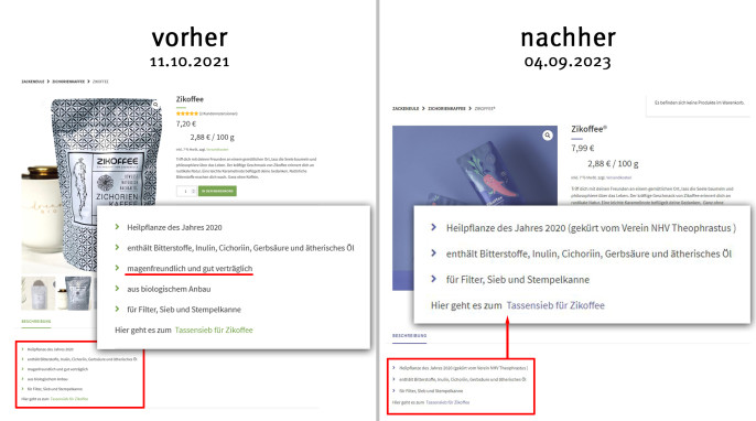 alt: Zikoffee Zichorienkaffee, zackeneule.de, 11.10.2021; neu: 04.09.2023