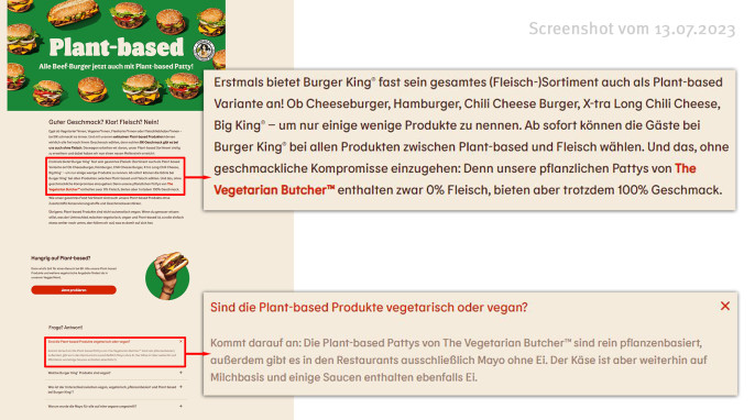 Werbung „Plant-based“, burgerking.de, 13.07.2023