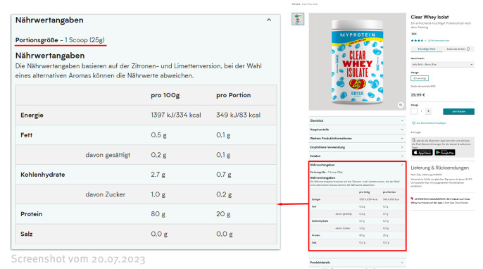 Nährwertangaben, MyProtein Clear Whey Isolate, de.myprotein.com, 20.07.2023