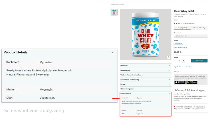 Produktdetails, MyProtein Clear Whey Isolate, myprotein.com, 20.07.2023