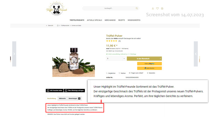 Angebot Trüffelfreunde Trüffel-Pulver, trueffelfreunde.com, 14.07.2023 