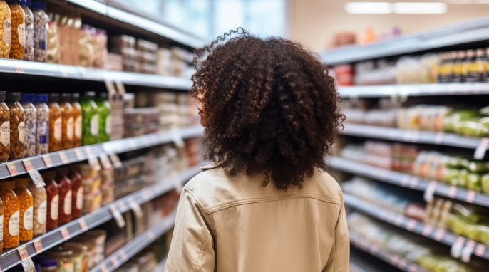 Frau im Supermarkt vor Konservenregal