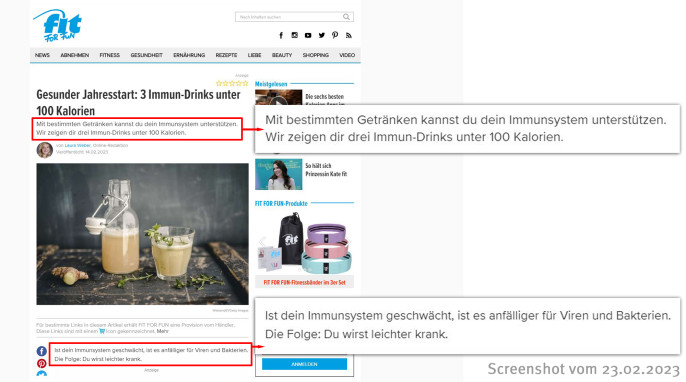 Werbung für Immundrinks, Gesunder Jahresstart: 3 Immun-Drinks unter 100 Kalorien, fitforfun.de/shopping, 23.02.2023
